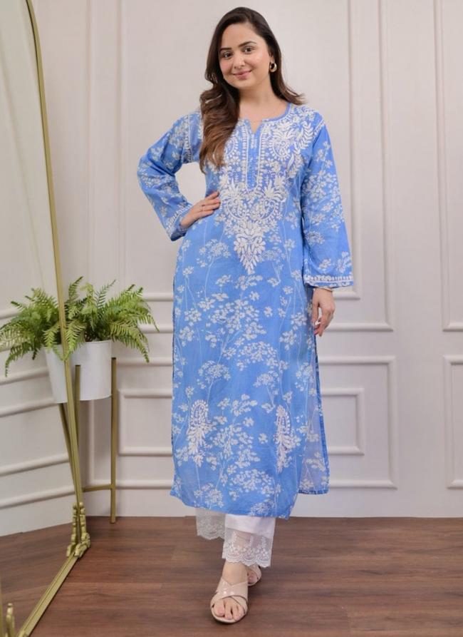 Pure Mul Mul Cotton Light Blue Daily Wear Chikankari Embroidery Readymade Kurti Pant